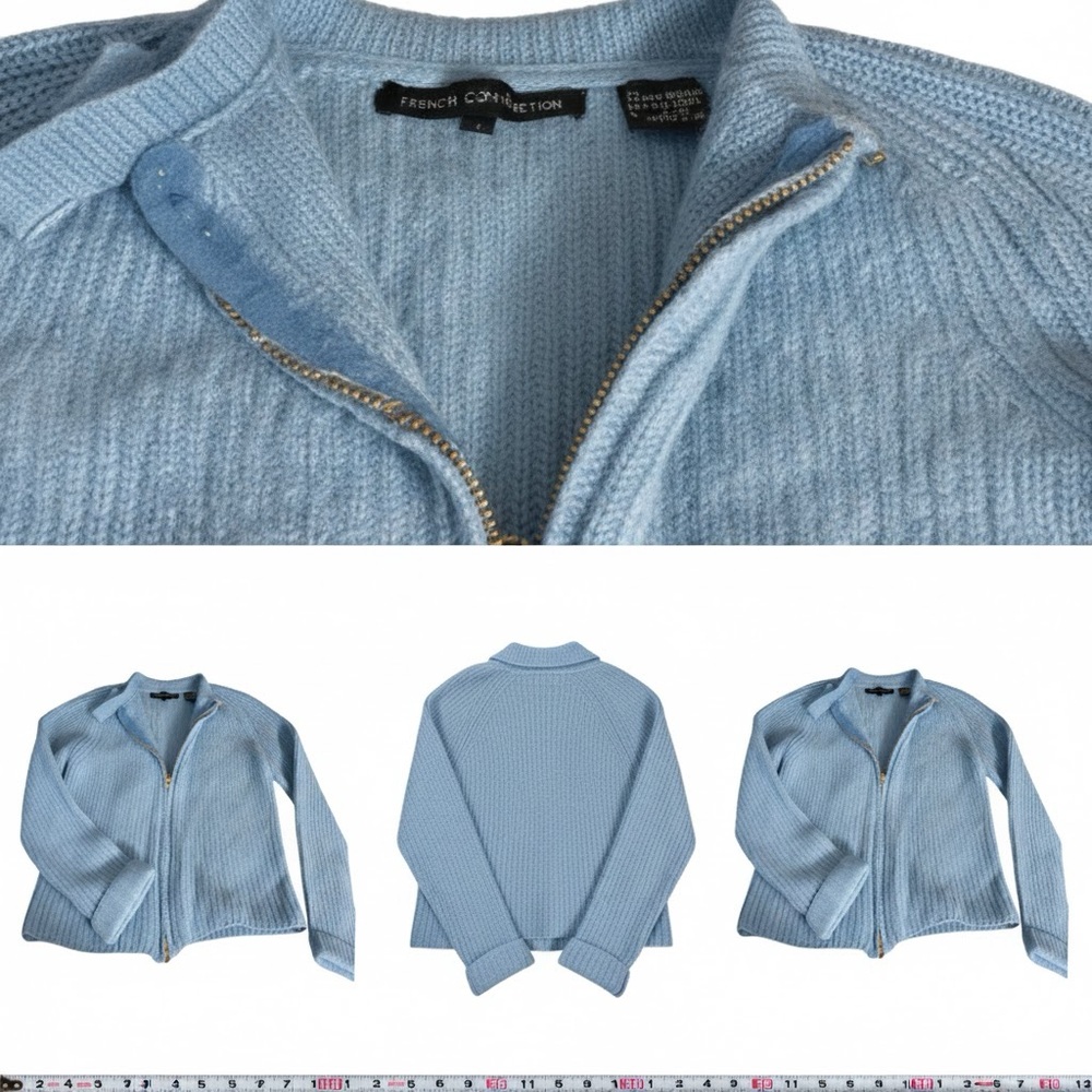 French Connection Y2K Baby Blue Zip Up Knit Sweater Cardigan Angora  Cottagecore - Picture 9 of 10